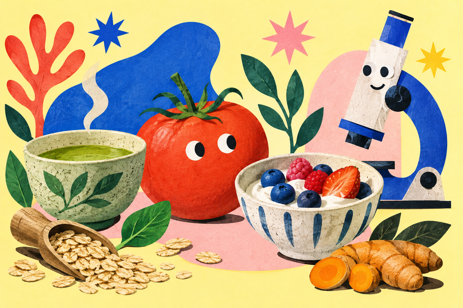 トマトやお茶と顕微鏡を描いたイラスト